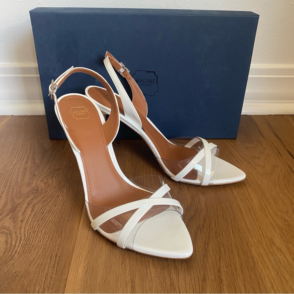 MALONE SOULIERS Jayce 90mm Leather Slingback Sandal Heels‎ White Clear 39.5/9.5